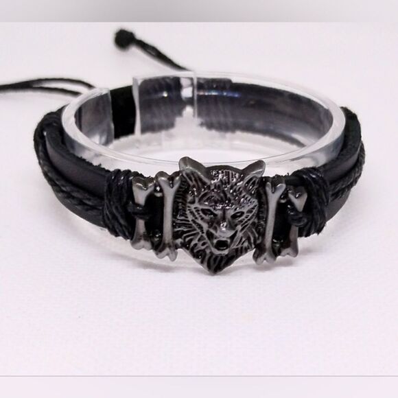 NEW leather bracelet wolf bones black e23 - Picture 1 of 1